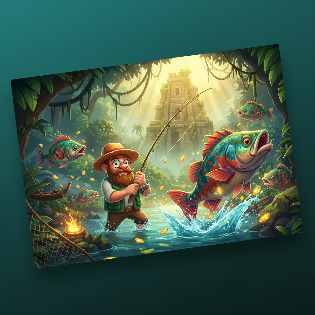 Big Bass Amazon Xtreme slot met visserman in Amazone jungle, kleurrijke vissen en gouden beloningen