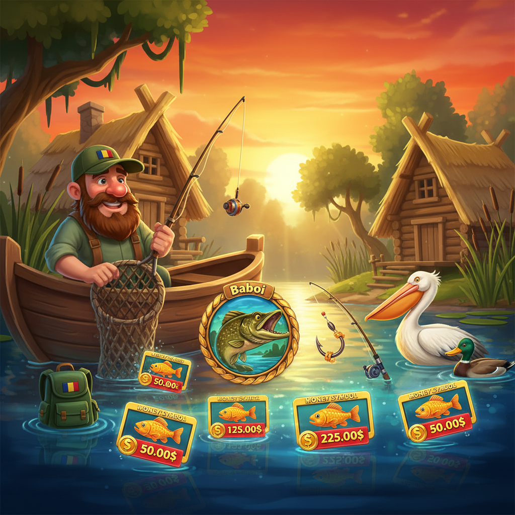 Big Bass Baboiu' din Delta slot met visser in houten boot op de Donau Delta bij zonsondergang, Roemeense vlag, Baboi vis en geldvissymbolen