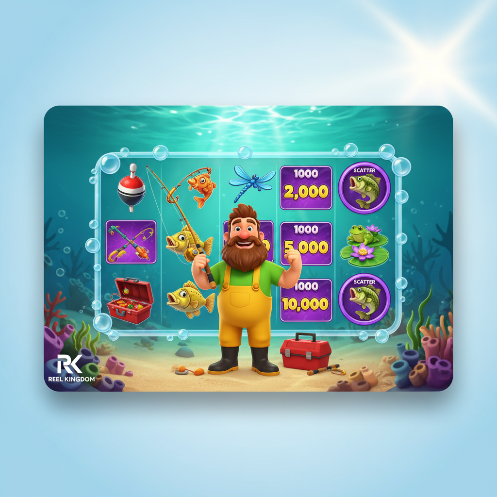 Big Bass Bonanza 1000 slot spel met vrolijke visser karakter, onderwaterscène met turquoise water, oranje zonsondergang, visserij symbolen, gratis spins en geldvissen met 1000x multiplier