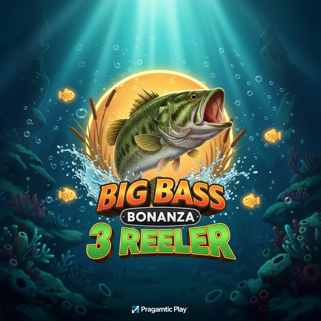 Big Bass Bonanza 3 Reeler slot met springende baars, onderwaterscène, visuitrusting symbolen en gouden geldvissen op 3x3 rollen