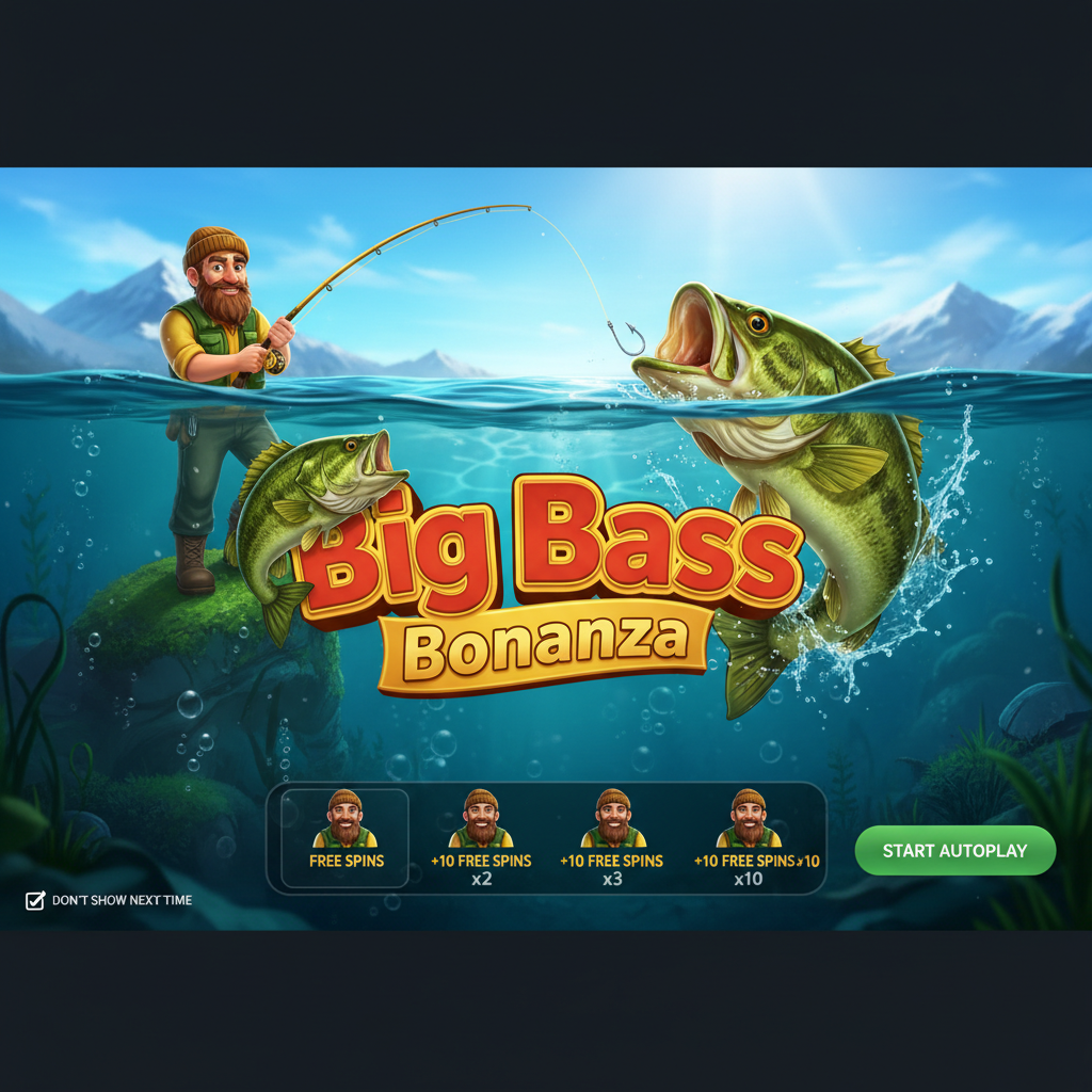 Big Bass Bonanza slot met visser, springende baars en onderwaterscene met gratis spins en geldvissymbolen