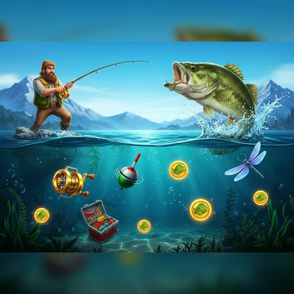 Big Bass Bonanza slot met visser die grote baars vangt in onderwaterscène met groene bobber, gouden vishengel en dragonfly symbolen