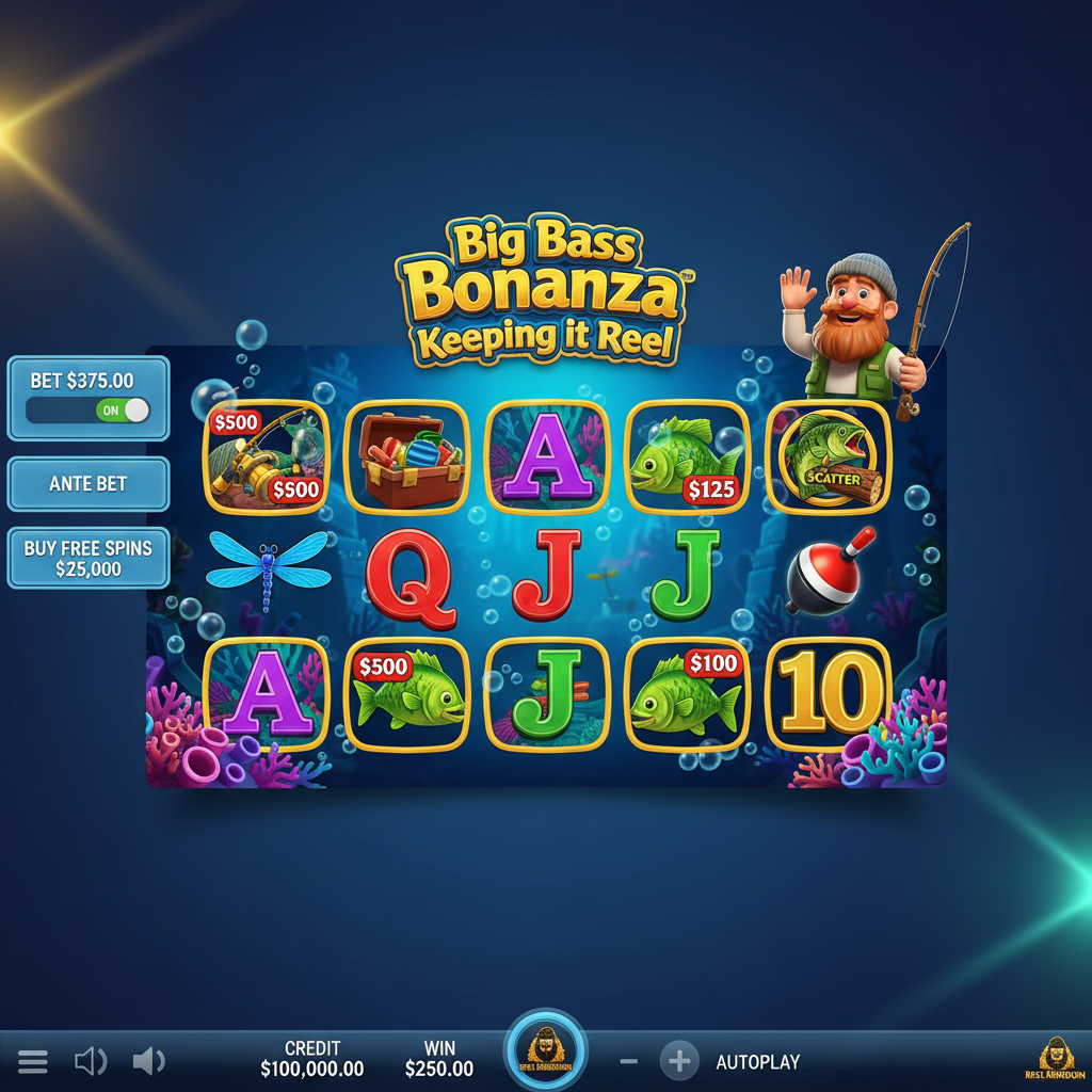 Big Bass Bonanza Keeping it Reel vissers slot met onderwaterscène, gouden vis symbolen en bebaarde visser karakter