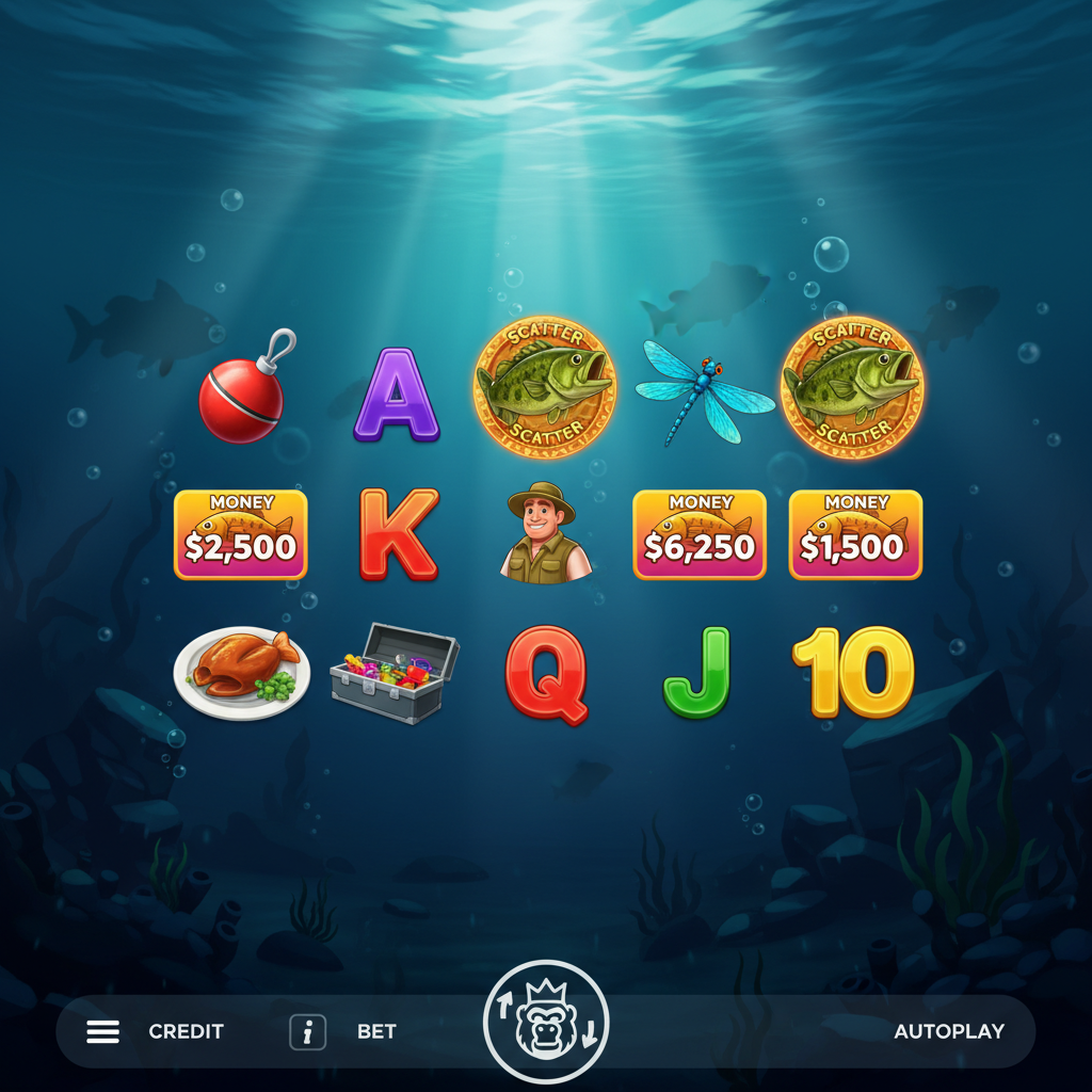 Big Bass Bonanza Reel Action slot met onderwaterscène, largemouth bass, visser symbolen en gouden scatter frames op 5x4 speelveld