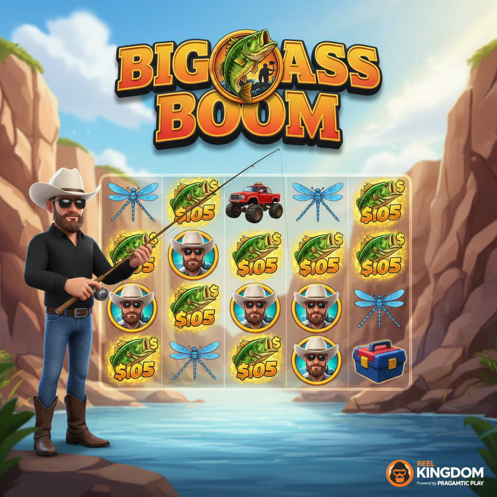 Big Bass Boom slot met visserman karakter op rivier klif locatie met wilde symbolen en geldvissen