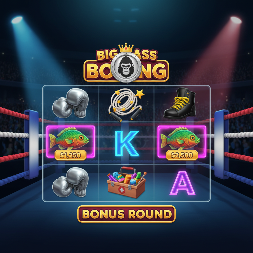 Big Bass Boxing Bonus Round slot met boksring, rode en blauwe handschoenen, spotlights en vis geld symbolen in een 5x3 raster
