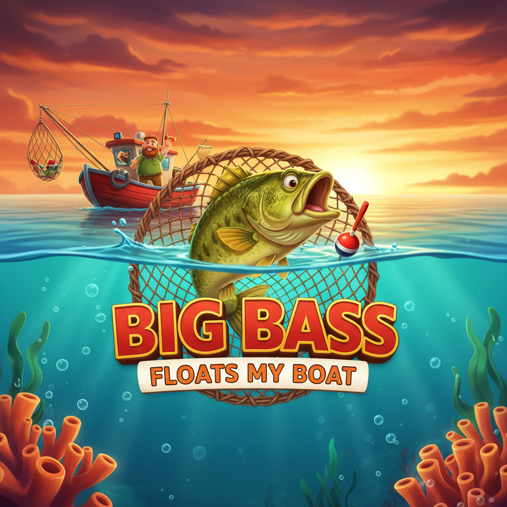 Big Bass Floats My Boat visspel slot met vissersboot, onderwaterscène, zonsondergang en bass vis met dobber in zijn bek