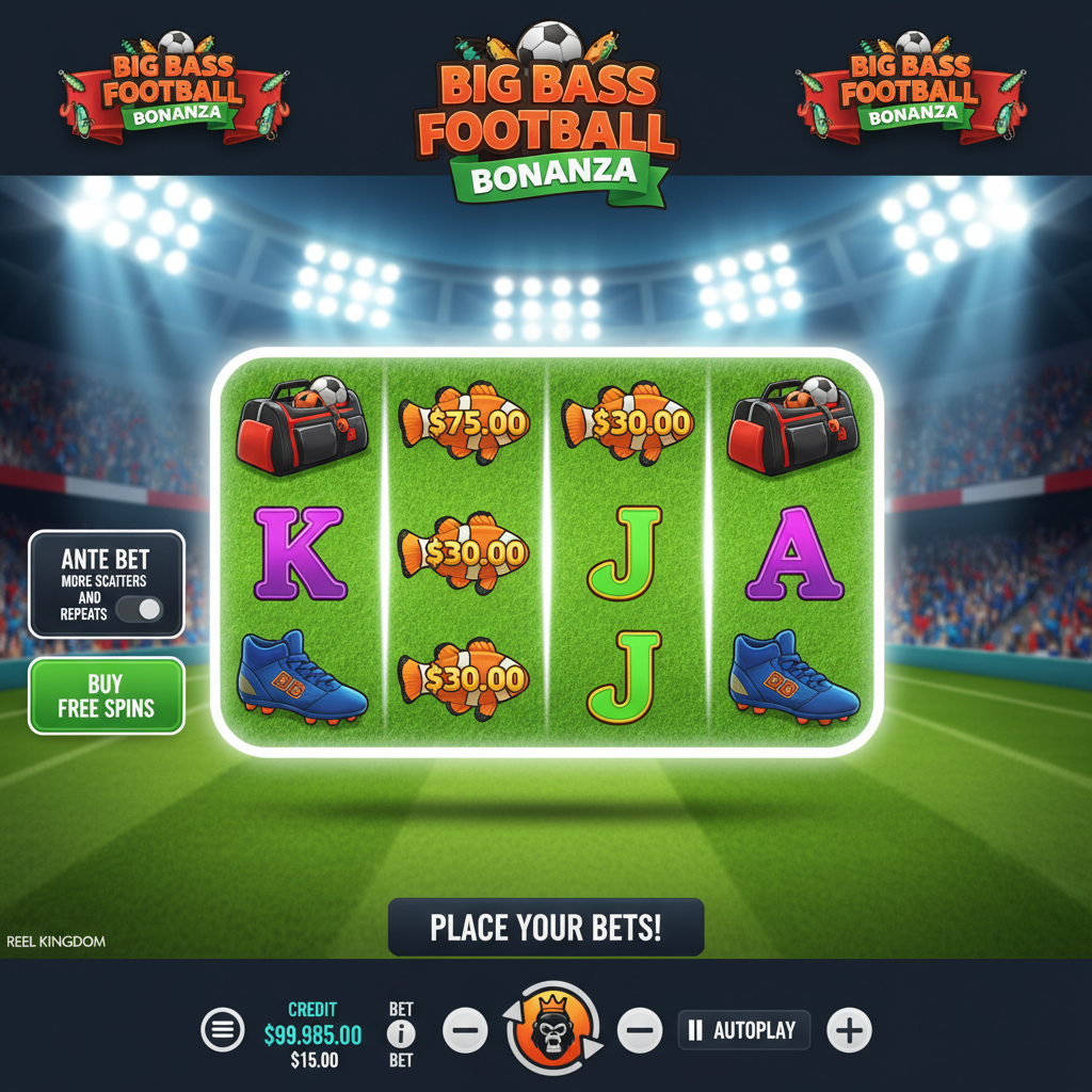 Big Bass Football Bonanza gokkast met voetbalstadion achtergrond, 5x3 speelveld, geldvissen symbolen en voetbalspelers wild symbolen