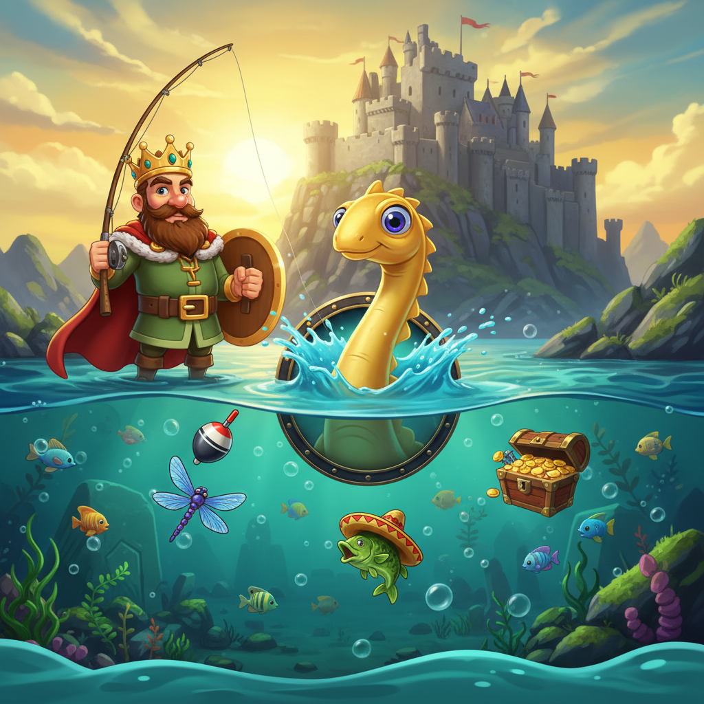 Big Bass and the Gold Ness Monster slot met visserman koning, gouden Loch Ness monster, kasteel, onderwaterloch en geldvis symbolen