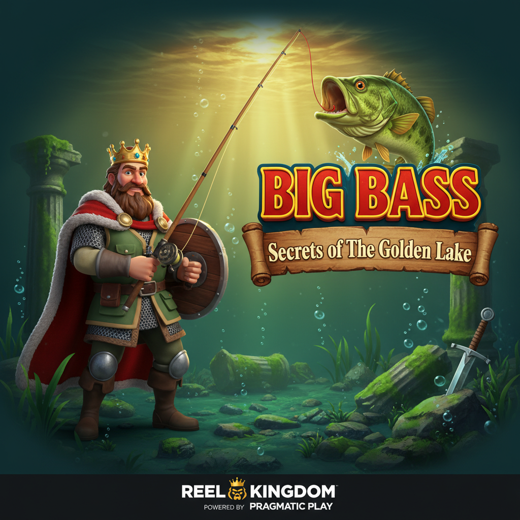 Big Bass Secrets of the Golden Lake slot met visserskoning karakter, groene bas vissen, onderwater ruïnes en middeleeuwse gouden kroon thema