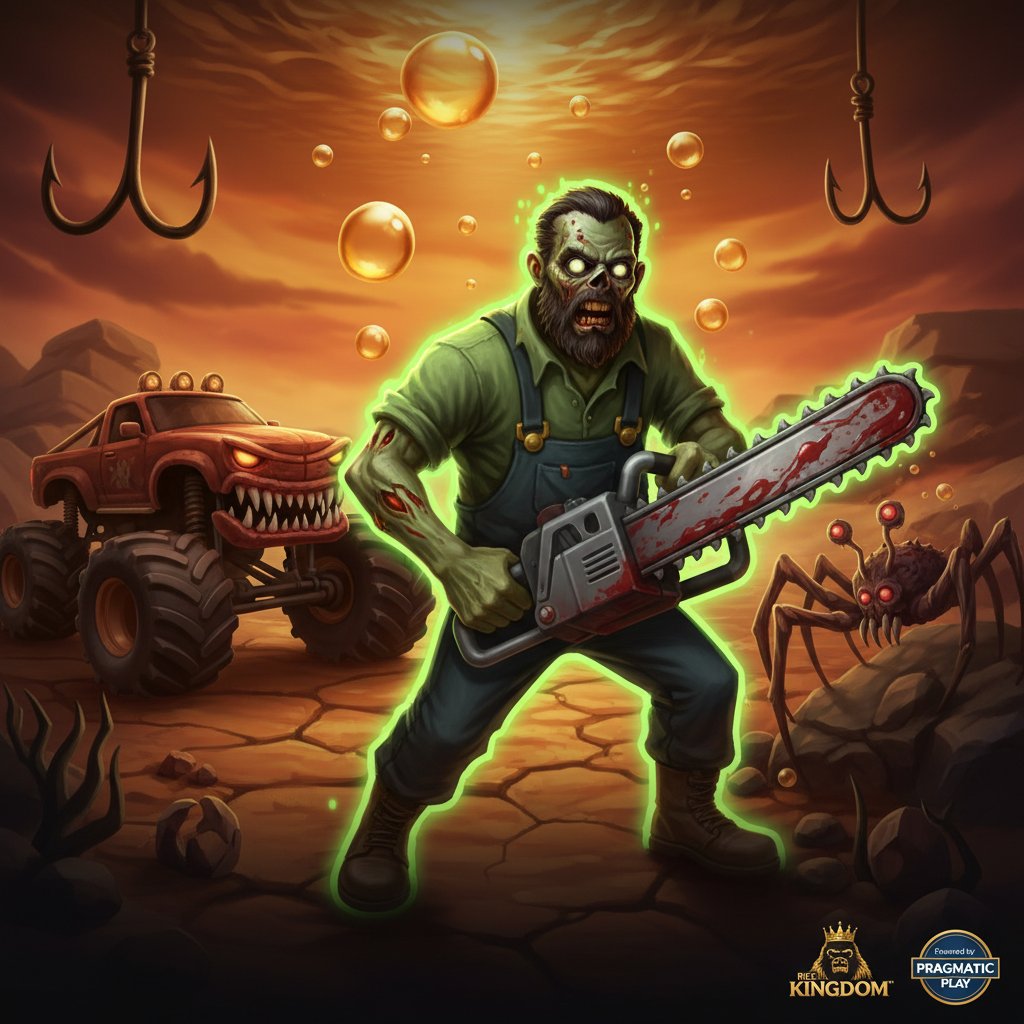 Big Bass Halloween II – zombievisser met kettingzaag, onderwaterscène met gloeiende groene bubbels, monster truck en enge vishaken