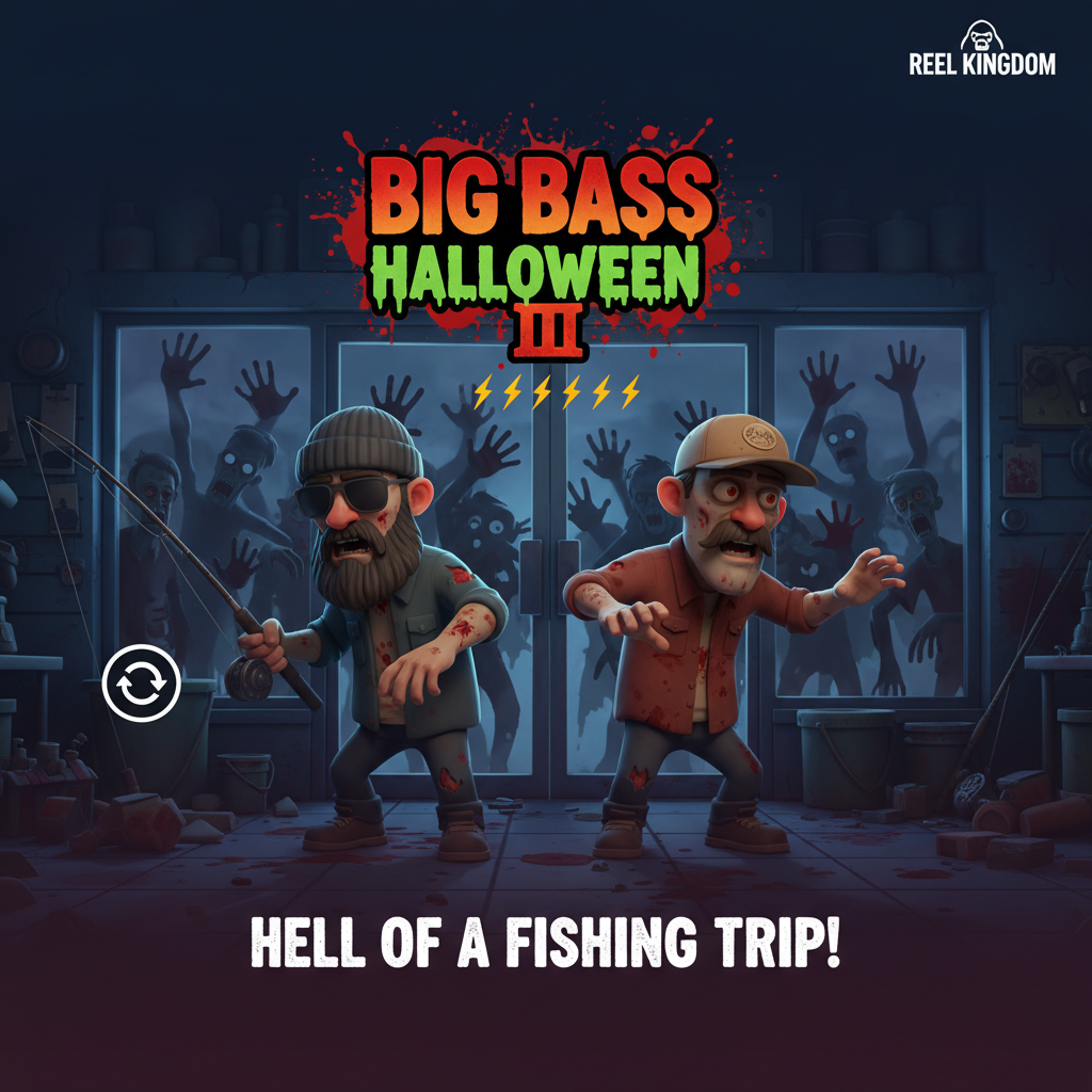 Big Bass Halloween III slot met twee zombie fishermen in een bait shop, zombies achter glas, horror Halloween thema met gratis spins en money symbolen