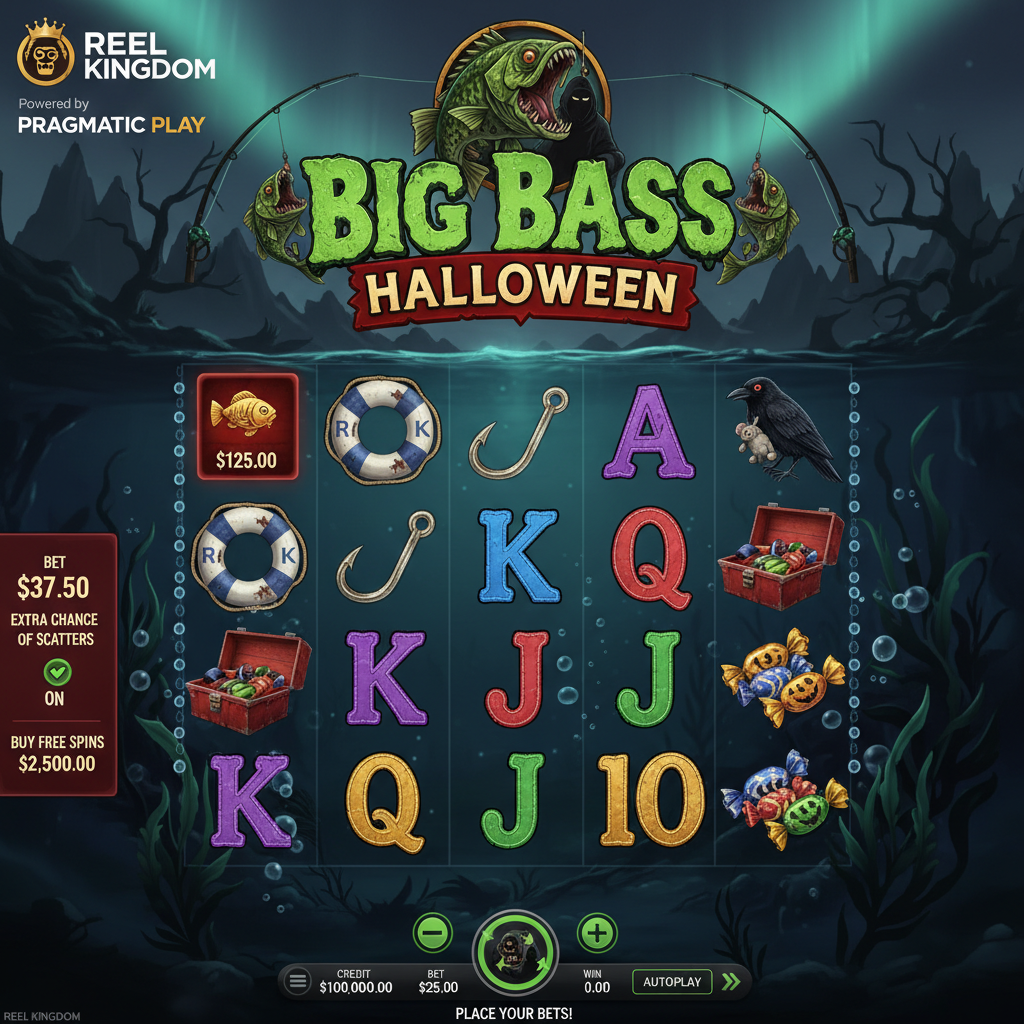 Big Bass Halloween slot met zombie baars vis, griezelige visser met hengel en Halloween horror symbolen op donkere onderwater achtergrond
