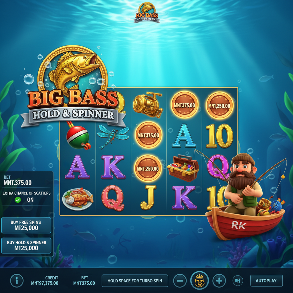 Big Bass Hold & Spinner slot met gouden bas vis, visser karakter, underwater thema en money symbolen op 5x3 speelveld