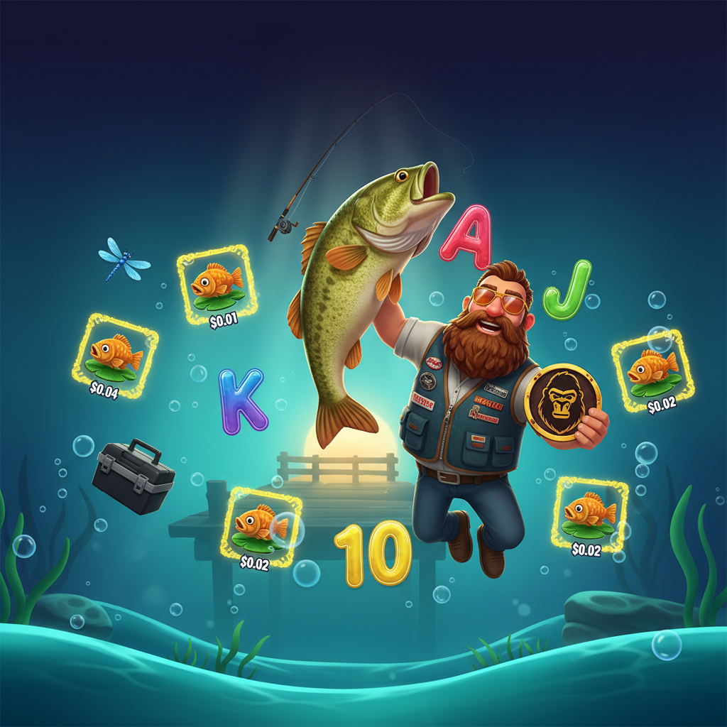 Big Bass Master Classic Jackpot Bonanza slot met underwater visgame, oranje bass vissen, visser met zonnebril, fish money symbolen en turquoise water achtergrond