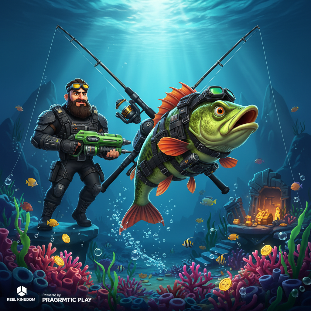 Big Bass Mission Fishin' slot met groene bas vis, tactische visser met uitrusting, onderwaterscene met koraal en gouden beloningen
