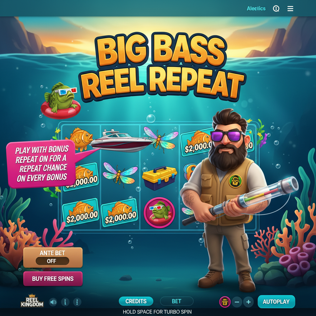 Big Bass Reel Repeat slot met onderwaterscène, Fisherman Wild karakter met paarse zonnebril en baars vis met 3D bril in inner tube
