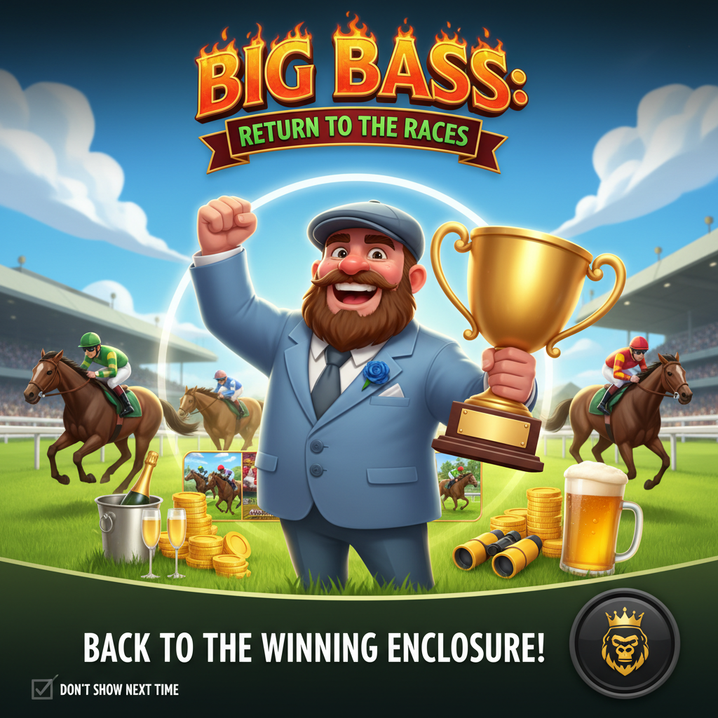 Big Bass Return to the Races slot met paardenraces, bebaarde man met gouden trofee, racende jockeys en champagne symbolen op groen grasveld