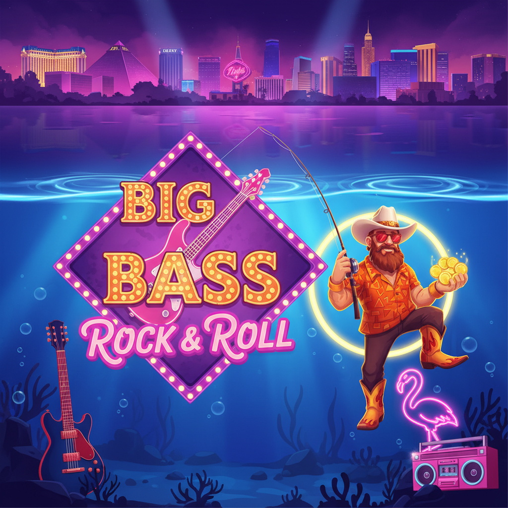 Big Bass Rock and Roll slot: rocker-visserman met gouden laarzen en zonnebril bij onderwaterconcert met Las Vegas skyline, roze Cadillac en vinyl platen in neon kleuren