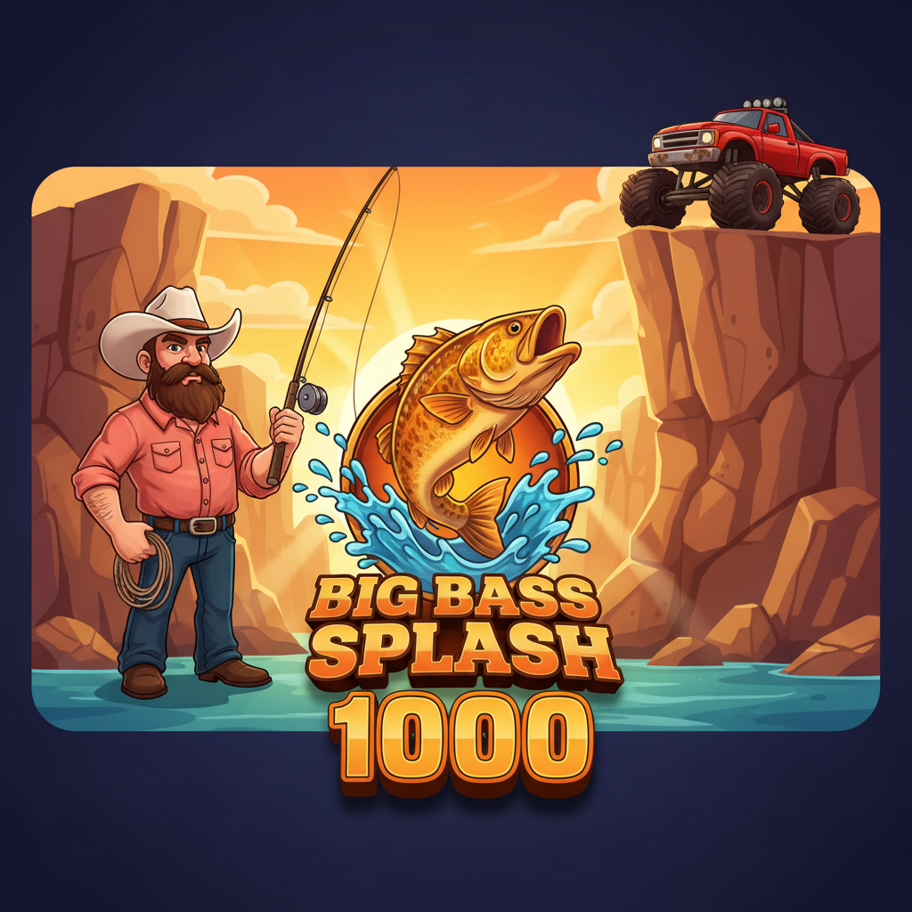 Big Bass Splash 1000 slot met cartoon visser in cowboyhoed, rode monstertruck op canyon klif, gouden bass vis logo met 1000 nummer, outdoor canyon zonsondergang achtergrond