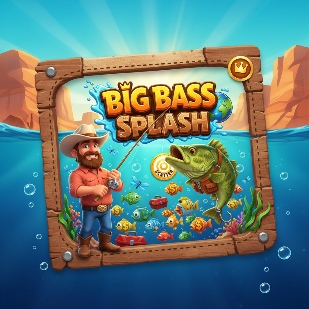 Big Bass Splash slot met vriendelijke visser karakter in roze shirt en cowboyhoed, groene bas vis scatter symbool, onderwaterscène met woestijn canyon achtergrond, kleurrijke geld vis symbolen en visspullen