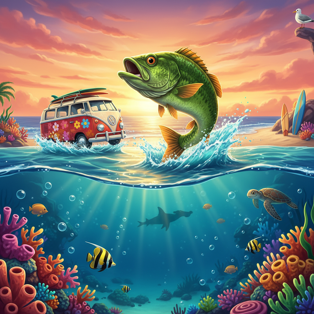 Big Bass Surf's Up slot met groene bas die springt uit het water, surfwagen, zonsondergang boven oceaan en onderwaterscène met koraal