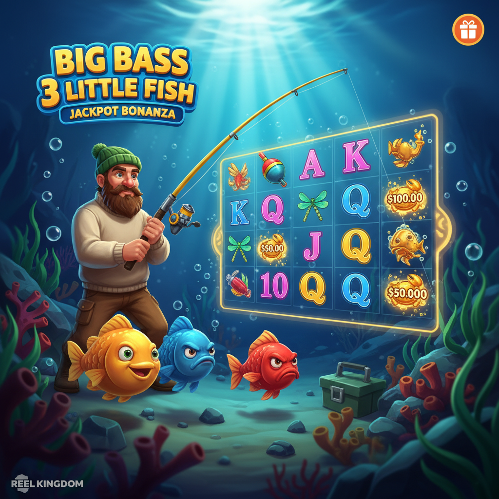 Big Bass 3 Little Fish slot met visser personage, drie kleurrijke vissen (oranje, blauw, rood), onderwaterthema met scatter symbolen en geld vissen