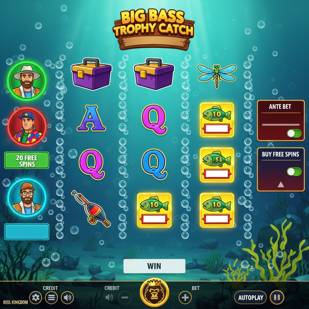 Big Bass Trophy Catch speelscherm met onderwaterscène, turquoise water, gouden zonlicht, visserij symbolen en drie vissers met gratis spins