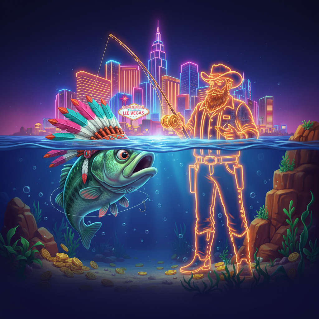 Big Bass Vegas Double Down Deluxe slot met onderwaterwereld, neon Las Vegas skyline, bas vis met verentooi en fisherman karakter met hengel in gouden neon stijl