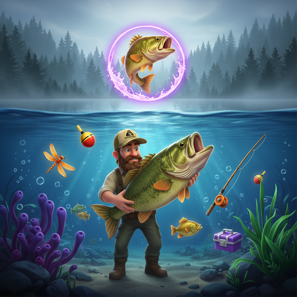 Big Bass It's a Whopper Jackpot Bonanza slot met springende baars, visser karakter, onderwaterscene met paarse koraalplanten en gouden visvangst symbolen