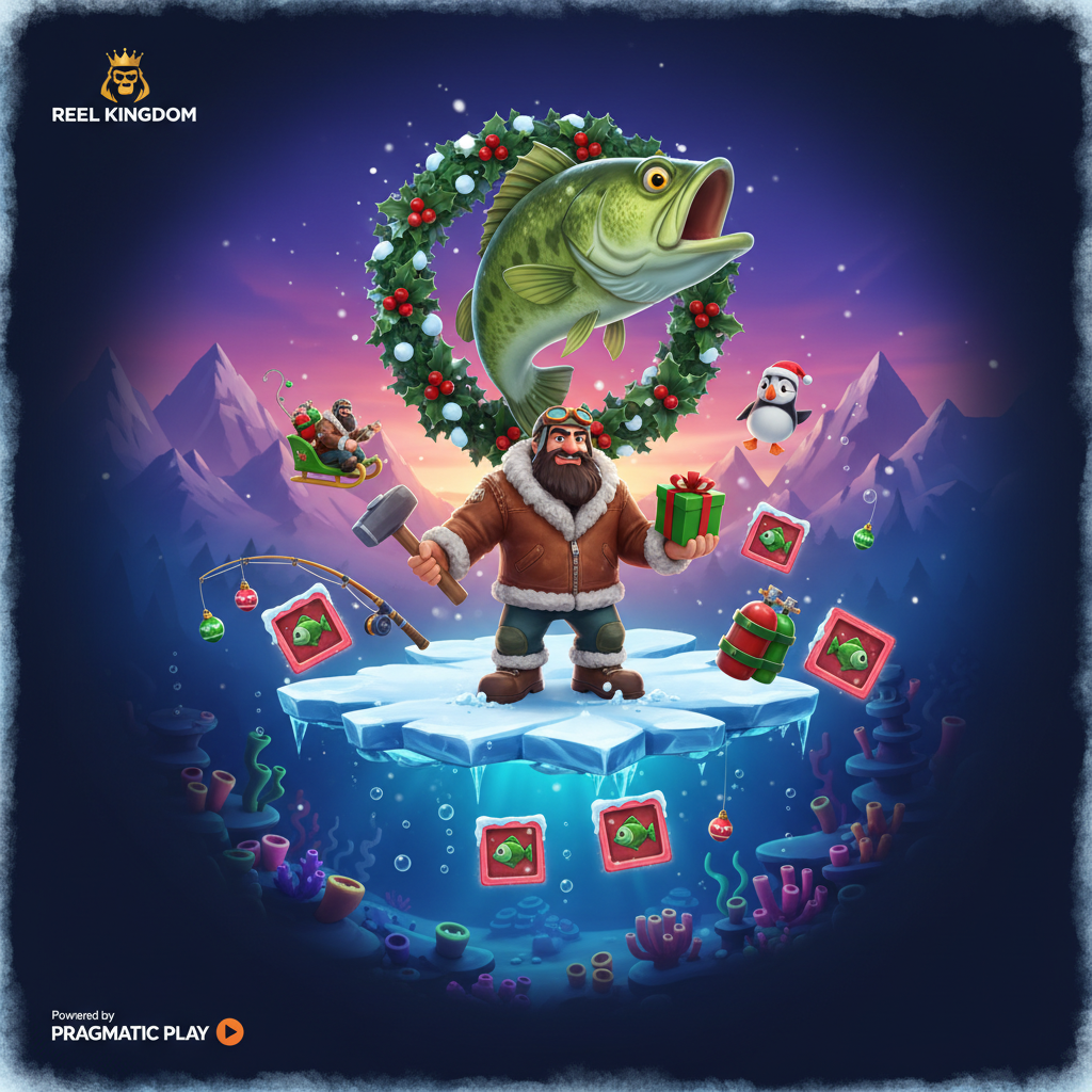 Big Bass Xmas Xtreme slot met kerstman visser, sneeuw bergen, arctische onderwaterscène en feestelijke bass vis met kerstkrans symbolen