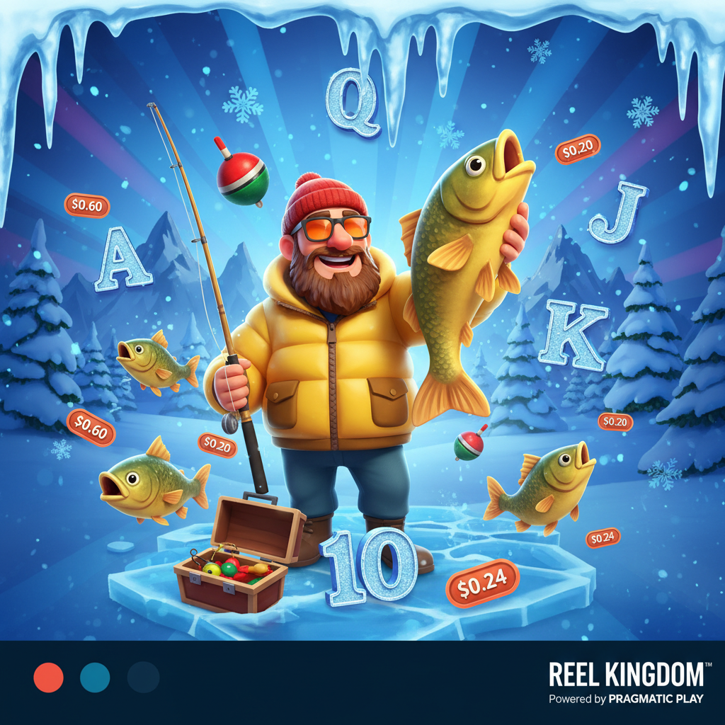 Bigger Bass Blizzard Christmas Catch slot met ijsvisser in gele jas, vissen met geldwaarden en winterlandschap met sneeuw