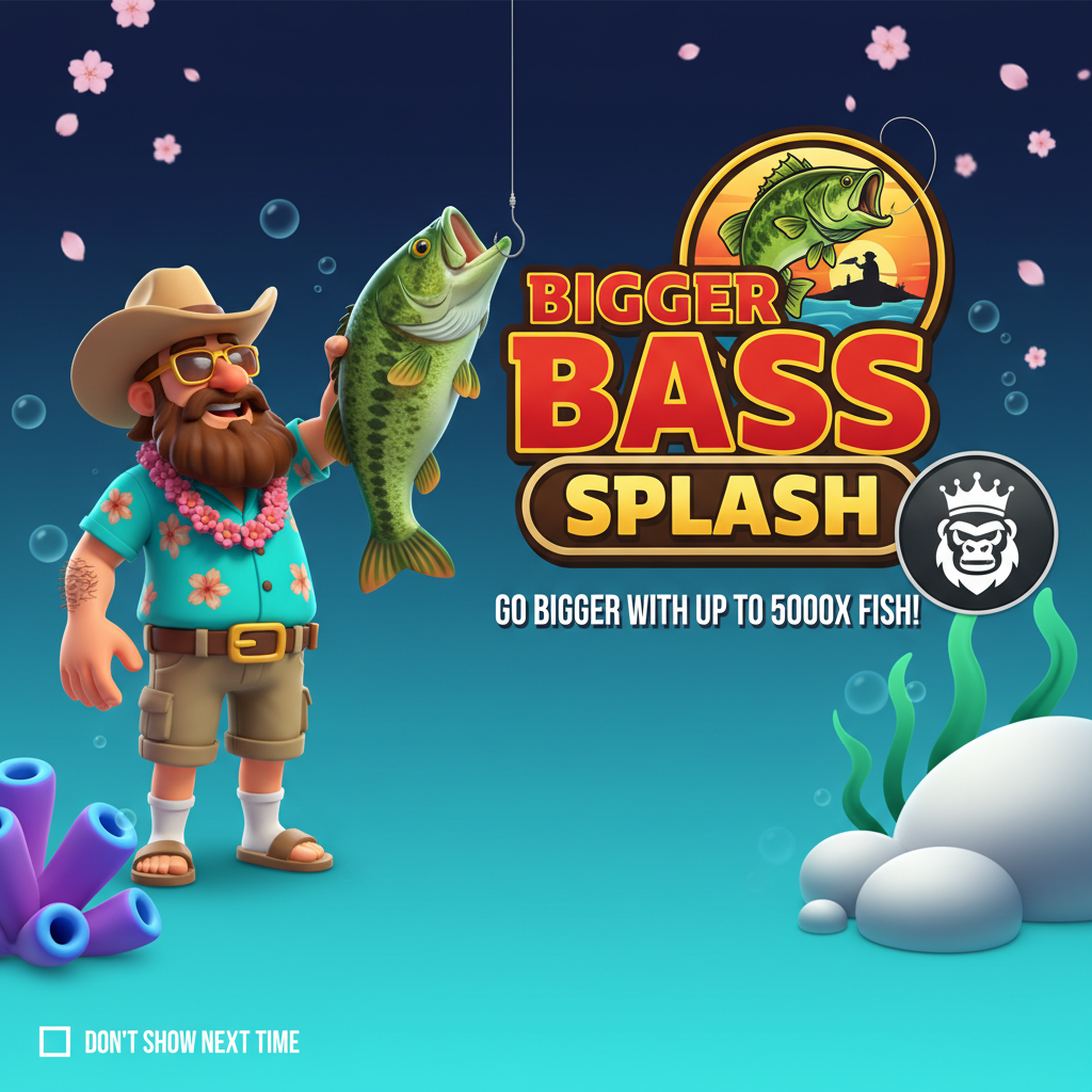 Bigger Bass Splash slot met cartoon visser, tropisch onderwaterthema, kleurrijke bass vissen en geldsymbolen op turquoise oceaanachtergrond