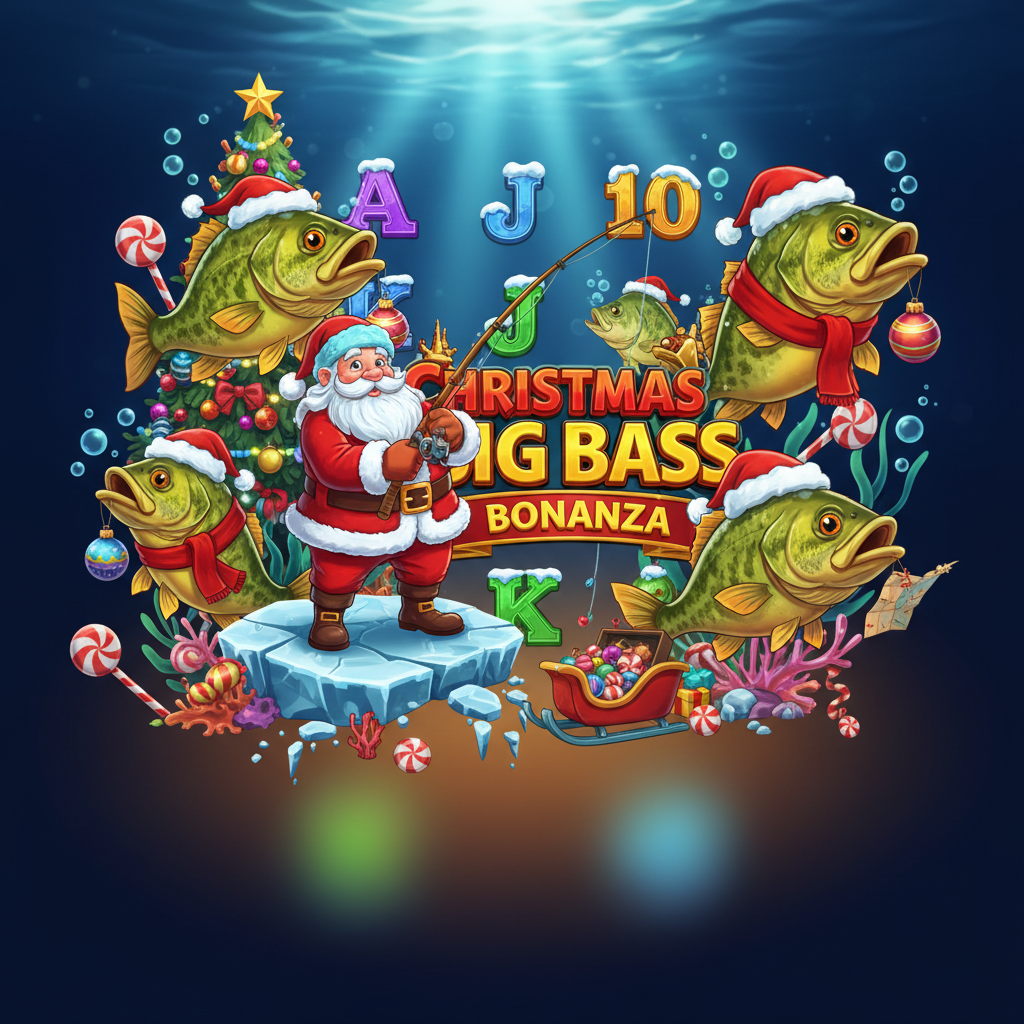 Christmas Big Bass Bonanza slot spel met onderwaterscène, kerstthema, Santa Claus visser, gekleurde vissen met kerstmutsen en ijzige letters